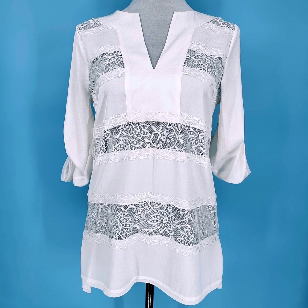 BCBGMAXAZRIA Erid Gardenia White Lace‎ Inset Tunic Top XXS JUF1J027-1J4